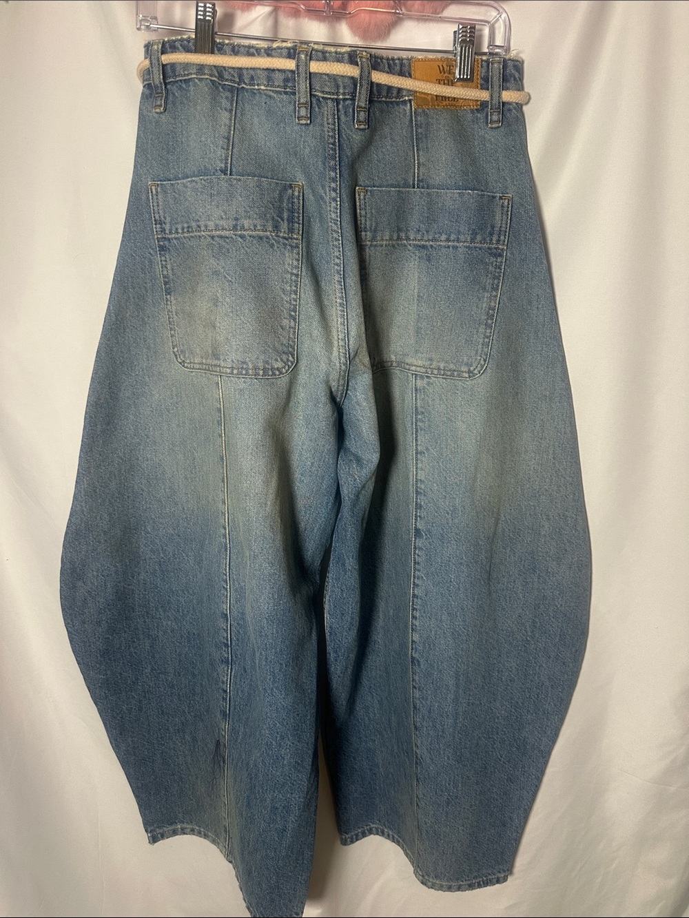 We The Free Wide-Leg Faded distressed Blue barrel Denim Jeans with Rope Belt - Picture 7 of 7